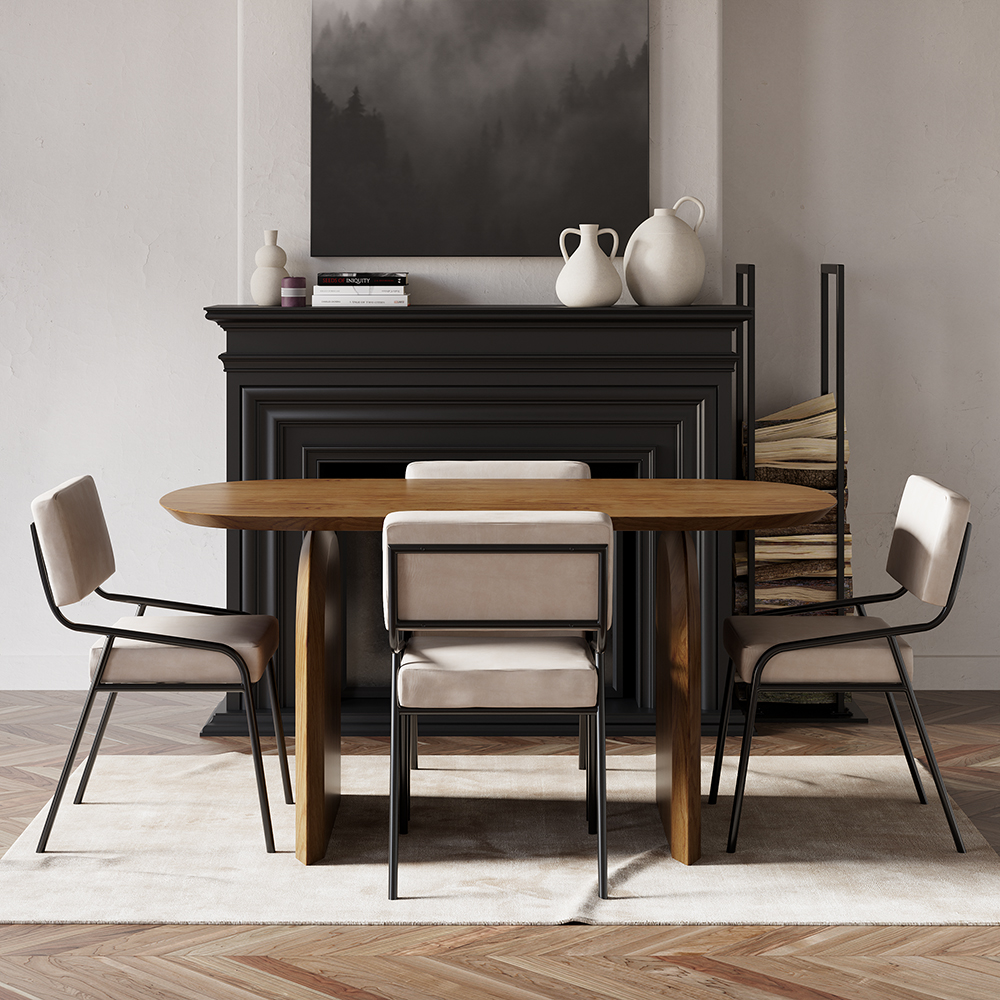 59" Oval Dining Table Solid Wood for 4 People Japandi Walnut Dining Room Table