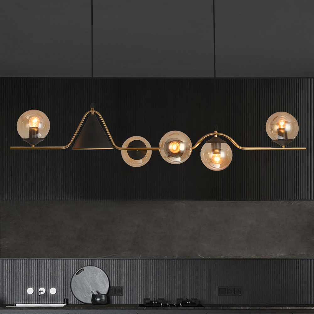 6-Light Gold & Black Geometric Rectangular Kitchen Island Light Globe Ceiling Light