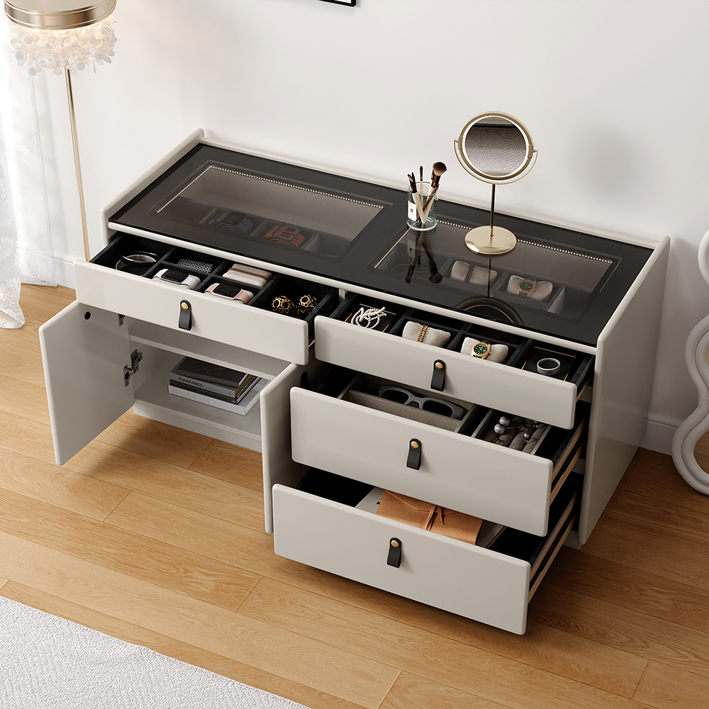 Modern 47"W Glass 4 Drawer Dresser with Light Closet Island with Jewelry Storage & Doors