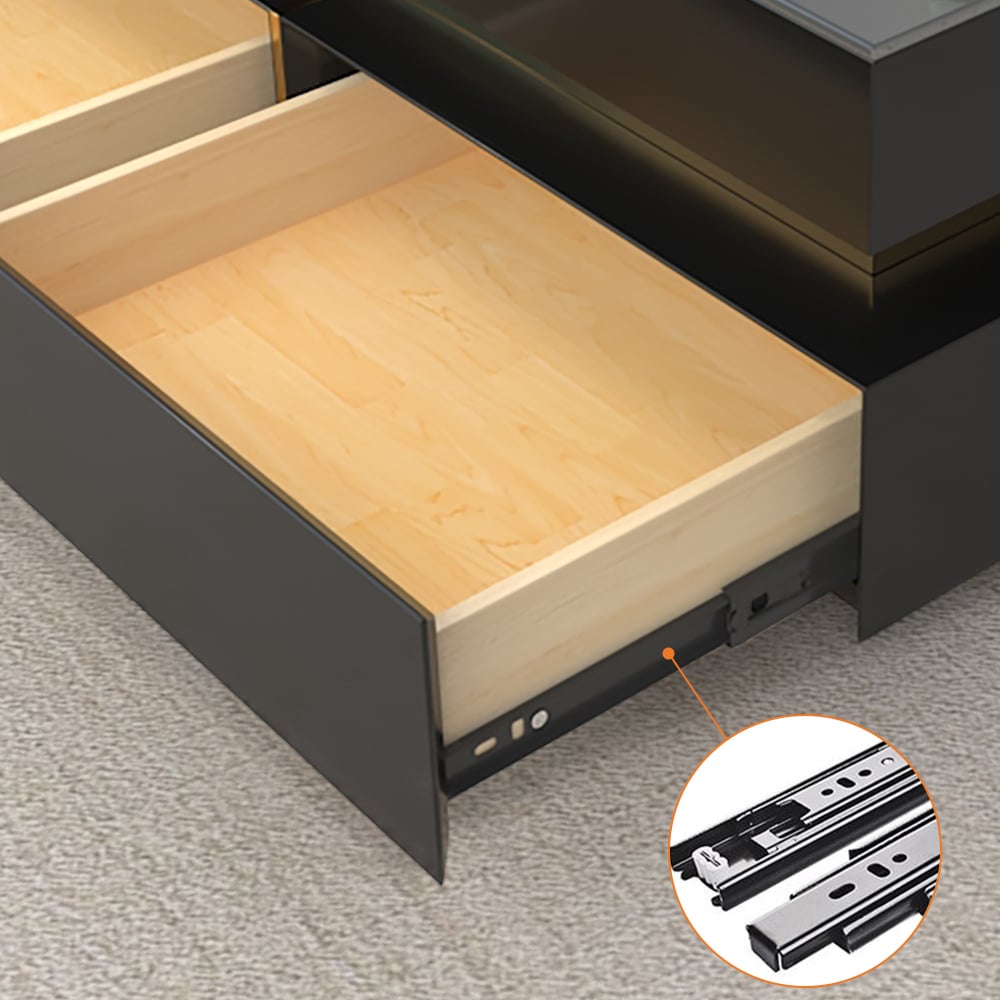 Black Modern Square Coffee Table with Drawers Tempered Glass Top & Metal Legs selling image
