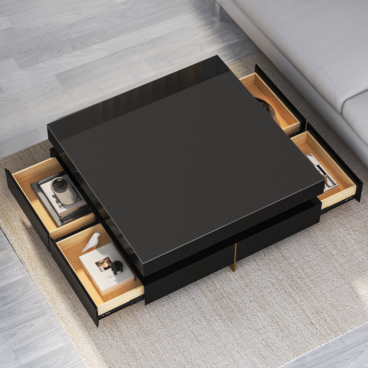 Black Modern Square Coffee Table with Drawers Tempered Glass Top & Metal Legs selling image