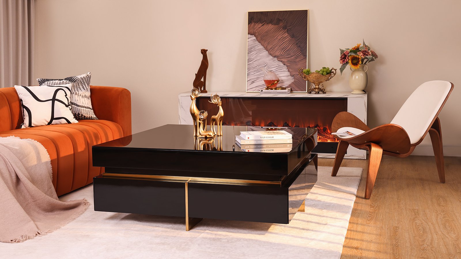 Black Modern Square Coffee Table with Drawers Tempered Glass Top & Metal Legs selling image