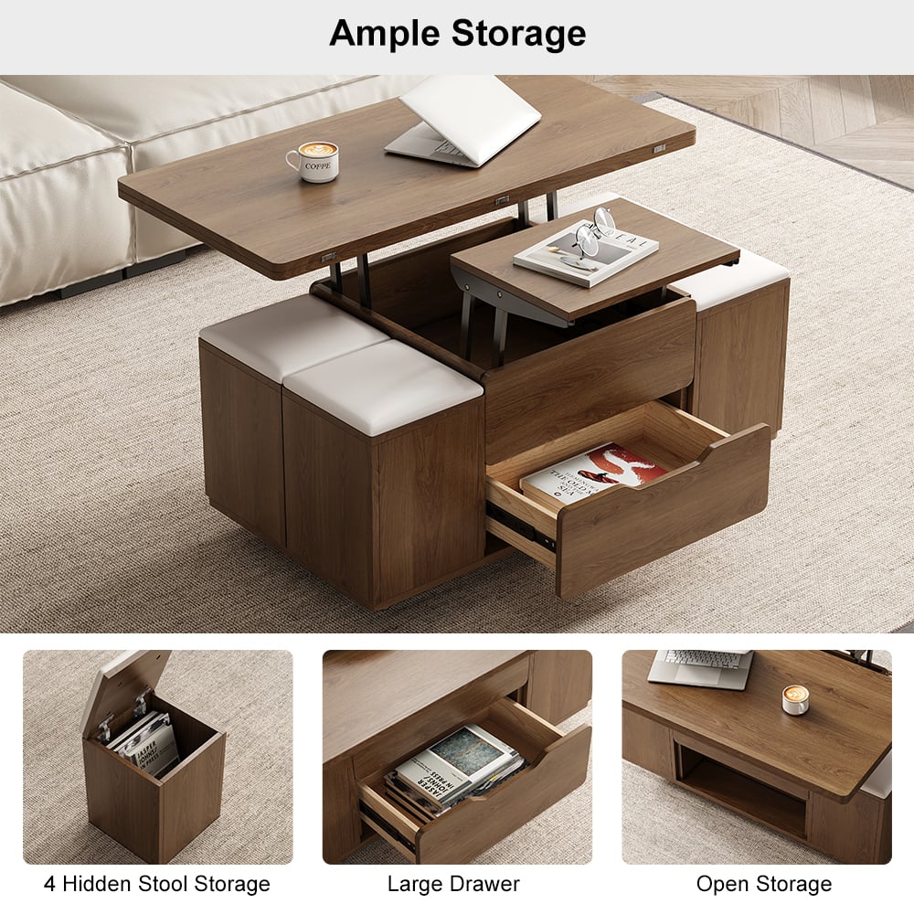 39" Lift-Top Foldable Walnut Coffee Table with 4 Stools & Storage selling image