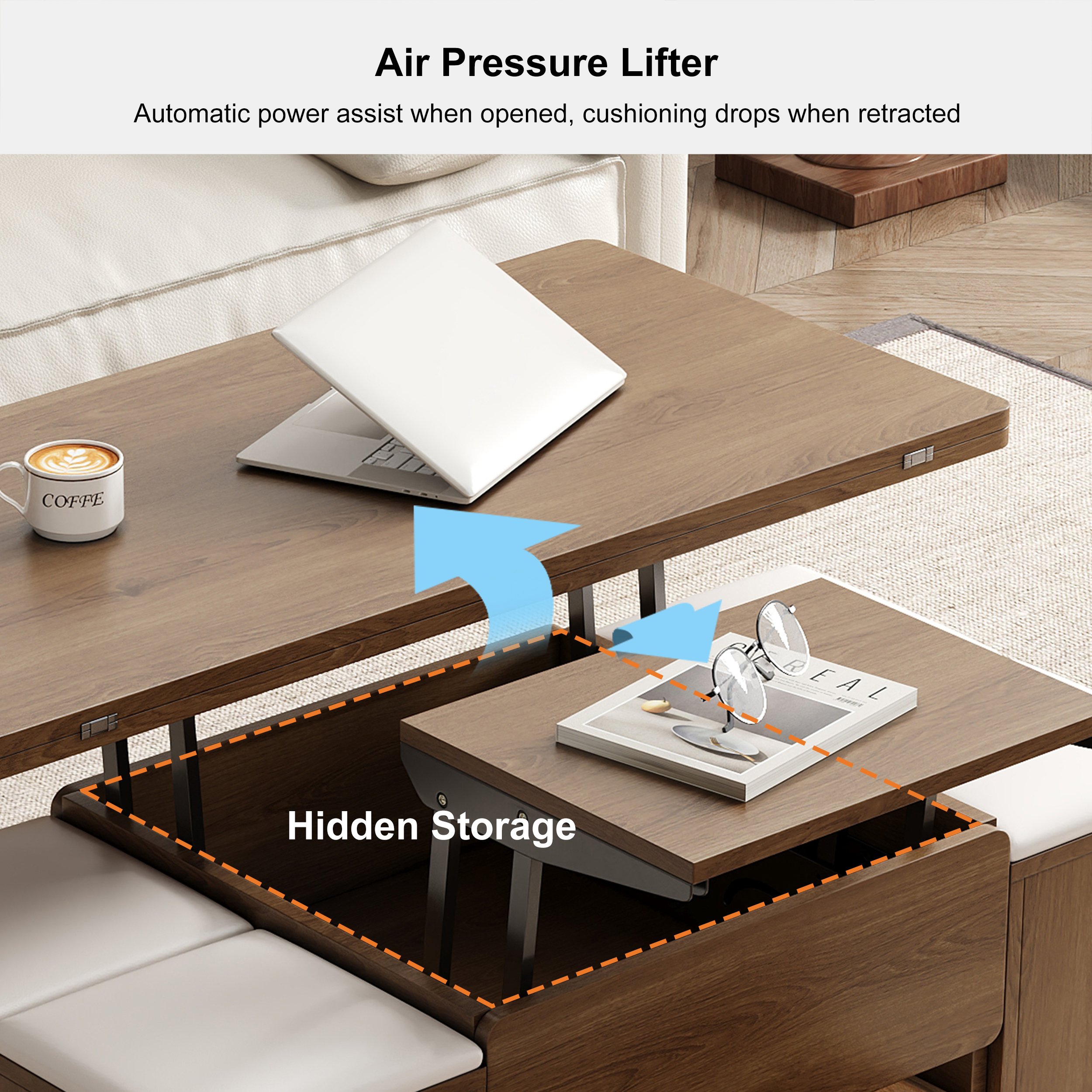 39" Lift-Top Foldable Walnut Coffee Table with 4 Stools & Storage selling image