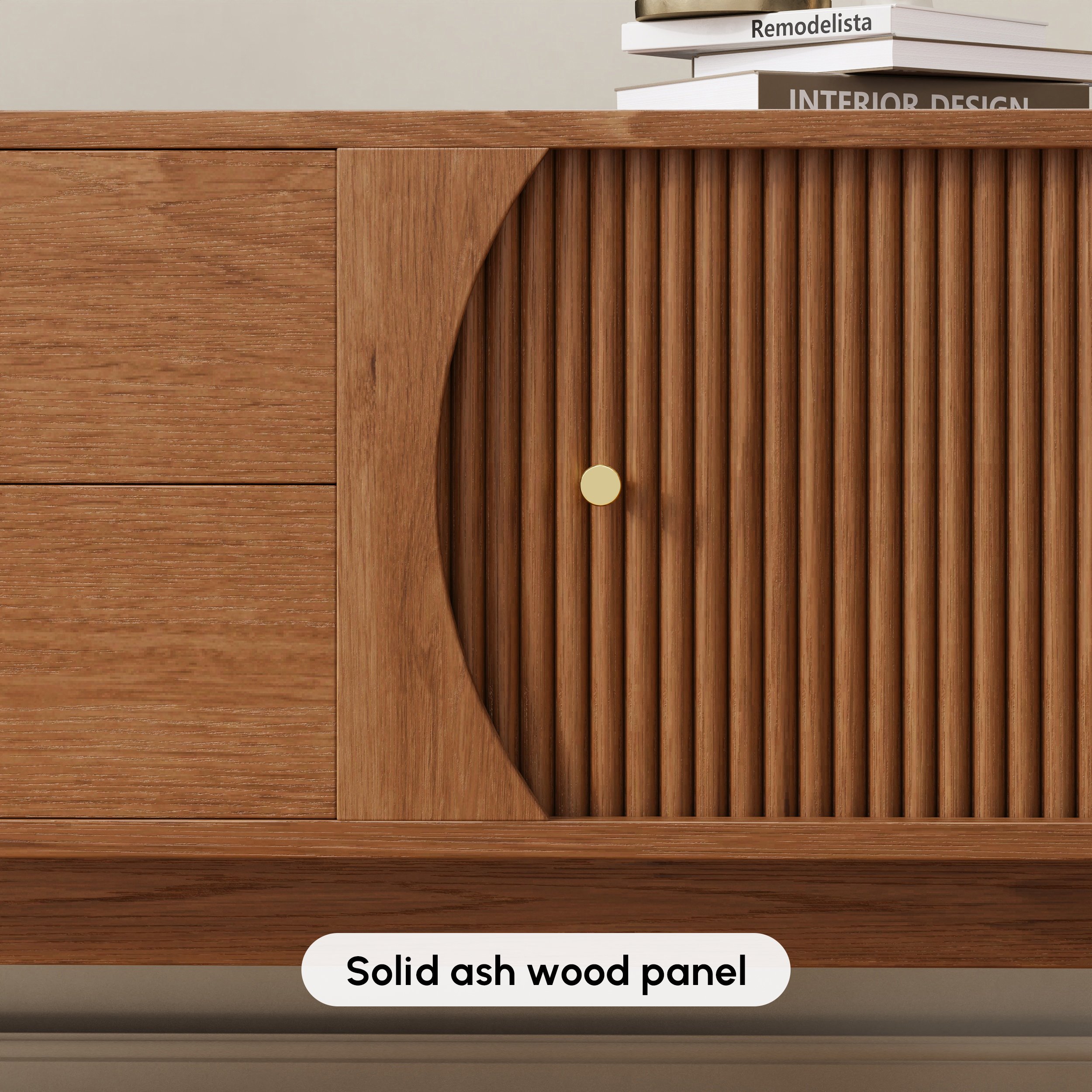 72" Ash Wood Fluted TV Stand with Storage selling image