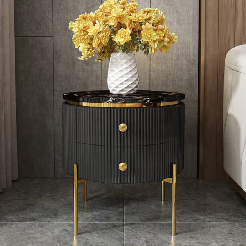 Yelly Modern Round End Table With Storage Black Faux Marble Side Table