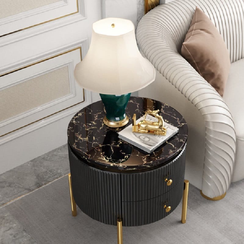 Yelly Modern Round End Table With Storage Black Faux Marble Side Table