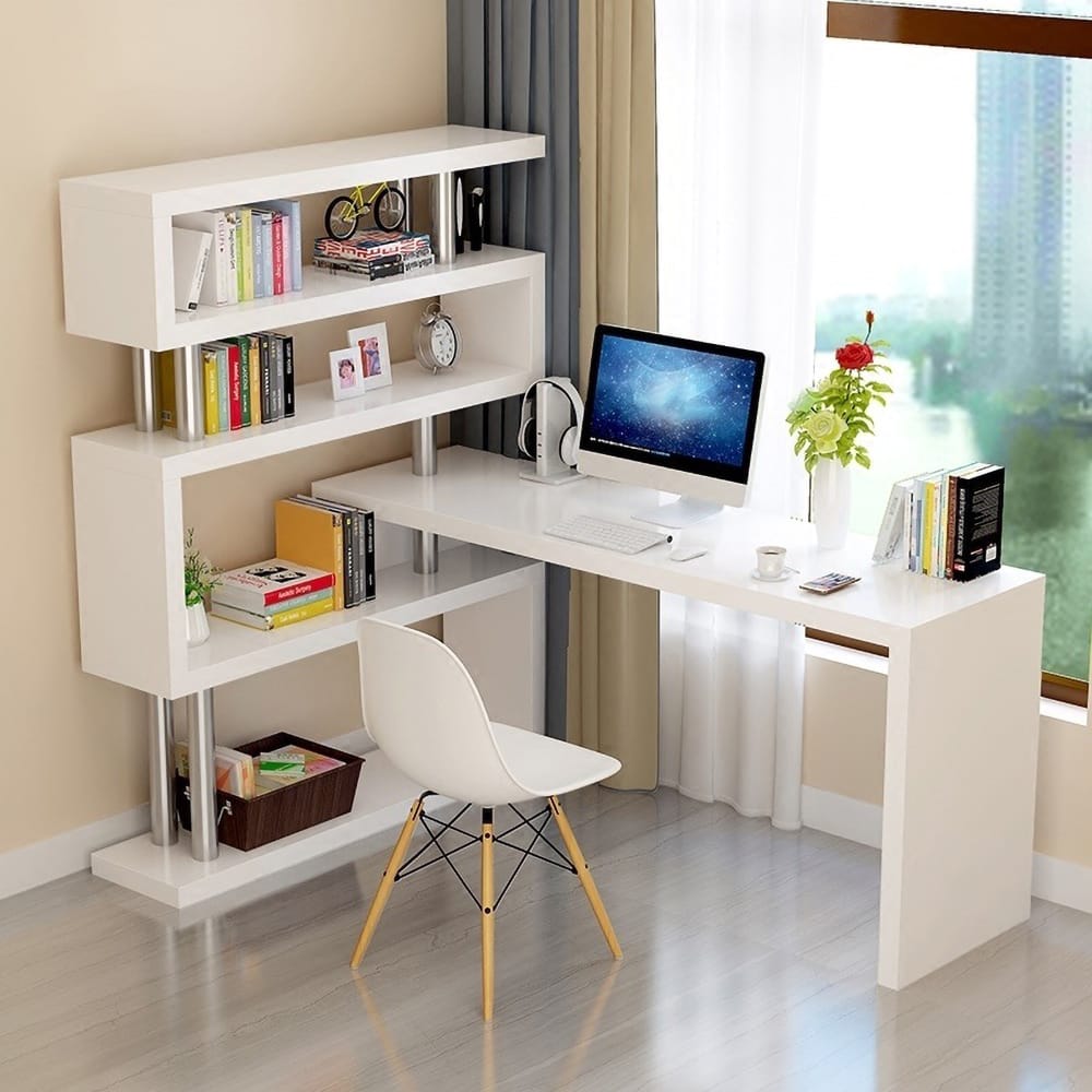 Modern White LShaped Desk Writing Desk with Storage Shelves Office Furniture Homary UK