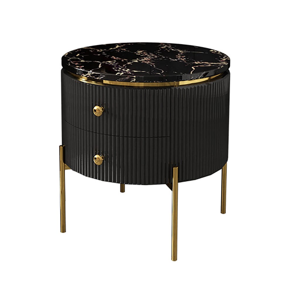 Yelly Modern Round End Table With Storage Black Faux Marble Side Table