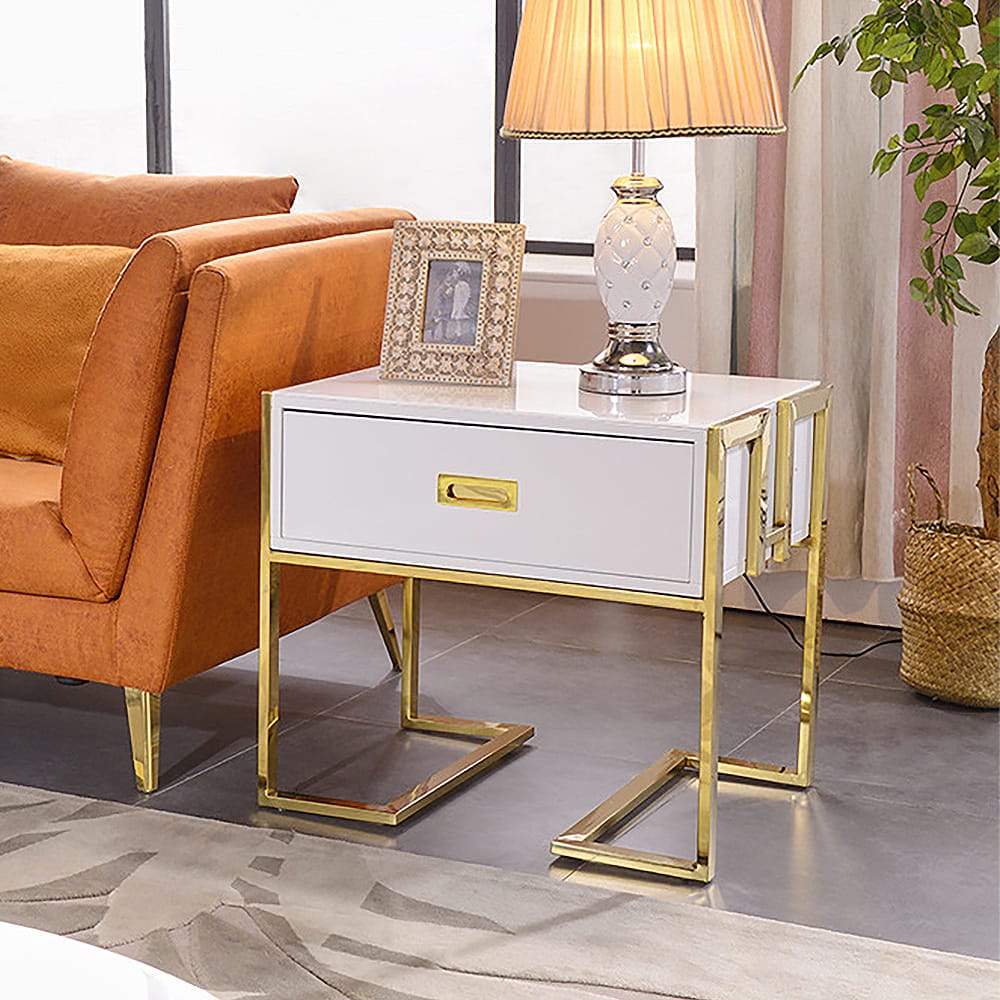 Jocise Modern White Side Table Wooden End Table with 1 Drawer & Golden