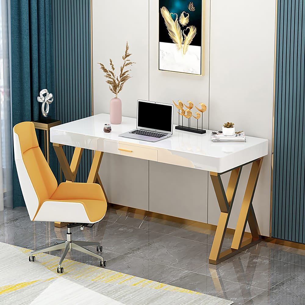 Modern White and Gold Rectangular Writing Desk in MDF & Metal Home
