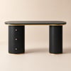 Scrivania curva in legno con 3 cassetti e doppia base scanalata in nero, 140 cm