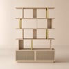 5-Tier Whitewash Bookshelf with 2 Drawers Wooden Bookcase in Gold (64.8" High)