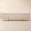 Meuble TV Grovyn 220 cm avec plateau en pierre frittée et grand rangement - ivoire brillant