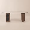 Modern 71" Oval Walnut Faux Travertine Dining Table with Fluted Base & Storage, Seats 6