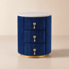 Round blue velvet bedside table with sintered stone top and 3 drawers
