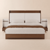 Letto imbottito moderno con testiera e comodini sospesi in naturale