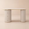 Modern 55" Curved Warm White Wood Desk 3 Drawers & Fluted Double Pedestal Base