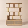 5-Tier Natural Wood Bookshelf with 2 Doors Modern Bookcase in Gold Finish