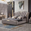 Luxury King Gray Leather Bed with Tufted Wingback Headboard