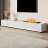 Meuble TV moderne 220 cm avec plateau en pierre frittée, effet flammes LED, humidificateur et 2 tiroirs