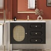 Vanité de salle de bain flottante noire de 800 mm, évier encastré en céramique avec armoire de porte en rotin