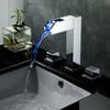  Modern Waterfall Bathroom Sink Faucet in Chrome Brass with LED Light