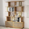 5-Tier Natural Wood Bookshelf with 2 Doors Modern Bookcase in Gold Finish