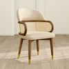 Mid-Century Modern Beige Rattan Dining Chair Curved Back Upholstered Faux Leather