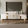 Meuble TV Artis 200 cm avec plateau en pierre, beige et or, 4 portes et rangement