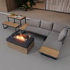 Aluminum Wood Outdoor Sectional Sofa & Propane Gas Fire Pit Table With Glass Wind Guard
