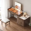 Modern Walnut Makeup Vanity Set with Lighted Mirror and Side Cabinet