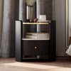 Black Round Leather Bedside Table with Sintered Stone Glass Top