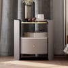 Gray Round Leather Bedside Table with Sintered Stone Glass Top