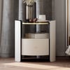 White Round Leather Bedside Table with Sintered Stone Glass Top