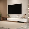 Meuble TV extensible Quoint 179 - 255 cm en bois avec lumière et 3 tiroirs - blanc et noyer