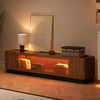 Meuble TV Noyer 201 cm avec portes en verre, rangement et LED