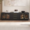 Meuble TV Arune 183 cm avec portes vitrées cintrées, rangement et lumière LED - noir