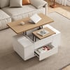 Table basse à plateau relevable 100 cm naturelle et blanche avec 4 tabourets et rangement