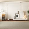 Meuble TV extensible Fero 98"-155" blanc et noyer avec bibliothèque et lumière LED