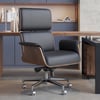 Modern Ergonomic Black Faux Leather Swivel Office Chair with Walnut Wood Accents