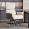 Modern Ergonomic Off White Faux Leather Swivel Office Chair with Walnut Wood Accents