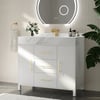 100 cm Freestanding White Bathroom Vanity, Sintered Stone Countertop & Gold Handles