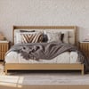 Modern Natural Queen Size Solid Wood Bed with Boucle Headboard Pillows