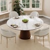 Round Dining Table Sintered Stone Top Wooden Base for 6 Mid-Century Modern