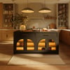 Arune 180cm Modern Black Kitchen Island with Glass Doors, LED Light Strip， Ample Storage