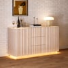 Aura 60" Whitewash Faux Travertine Sideboard with Ash Wood Slatted Doors & LED Light