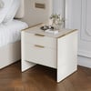 Table de chevet moderne à 2 tiroirs en cuir de selle avec plateau en pierre travertin synthétique