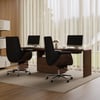 Walnut Double Desk with Drawers & 2 Black PU Leather Modern Home Office Chairs