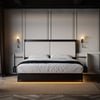 King Solid Wood Bed with Leather Extended Headboard and Floating Smart Nightstand Set